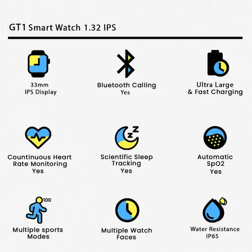 GT1 Smartwatch with Bluetooth Calling & Touch Display