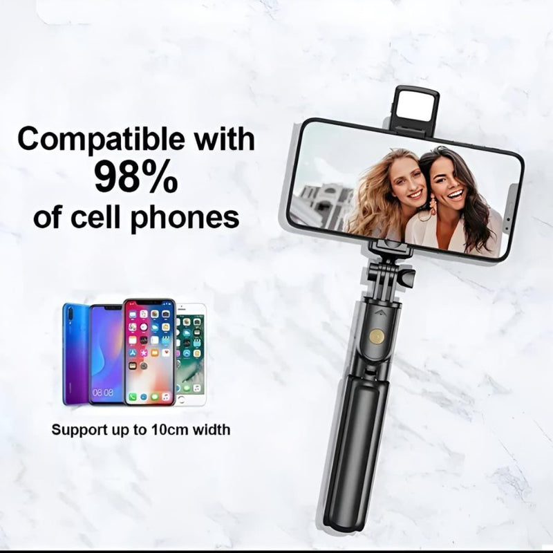 R1s Bluetooth Selfie Stick Tripod with Remote Control | 360° Foldable Selfie Rod for Phone & Action Camera with LED Light